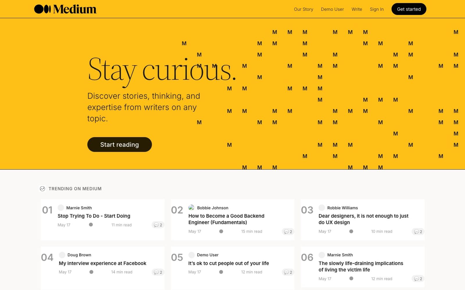 A finished article on Shmedium titled "A short note on building websites you can rely on" with elegant serif typography.