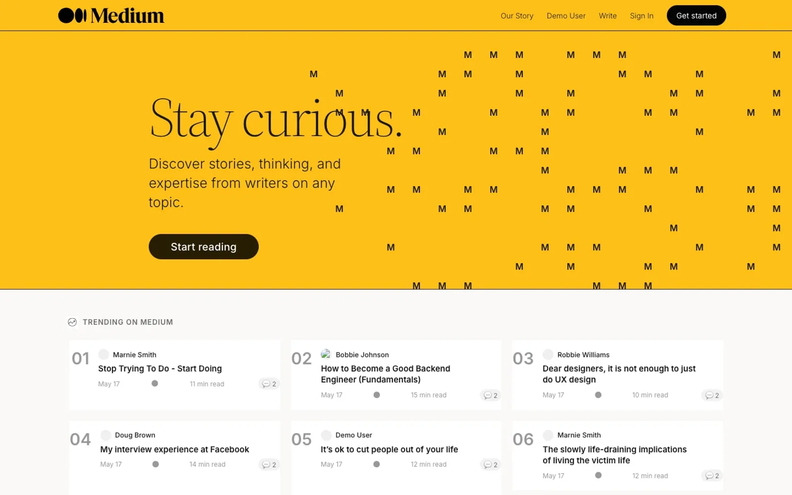 A finished article on Shmedium titled "A short note on building websites you can rely on" with elegant serif typography.