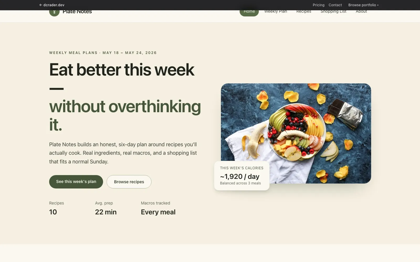 Plate Notes homepage with a soft cream-and-green palette, headline "Eat better this week — without overthinking it." and a styled photo of grain bowls, roasted vegetables, and fresh herbs on a wooden table.