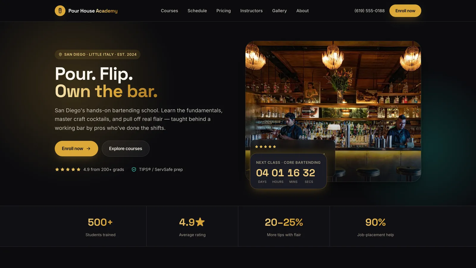 The Pour House Academy — Bartending school website built by Donovan Crader