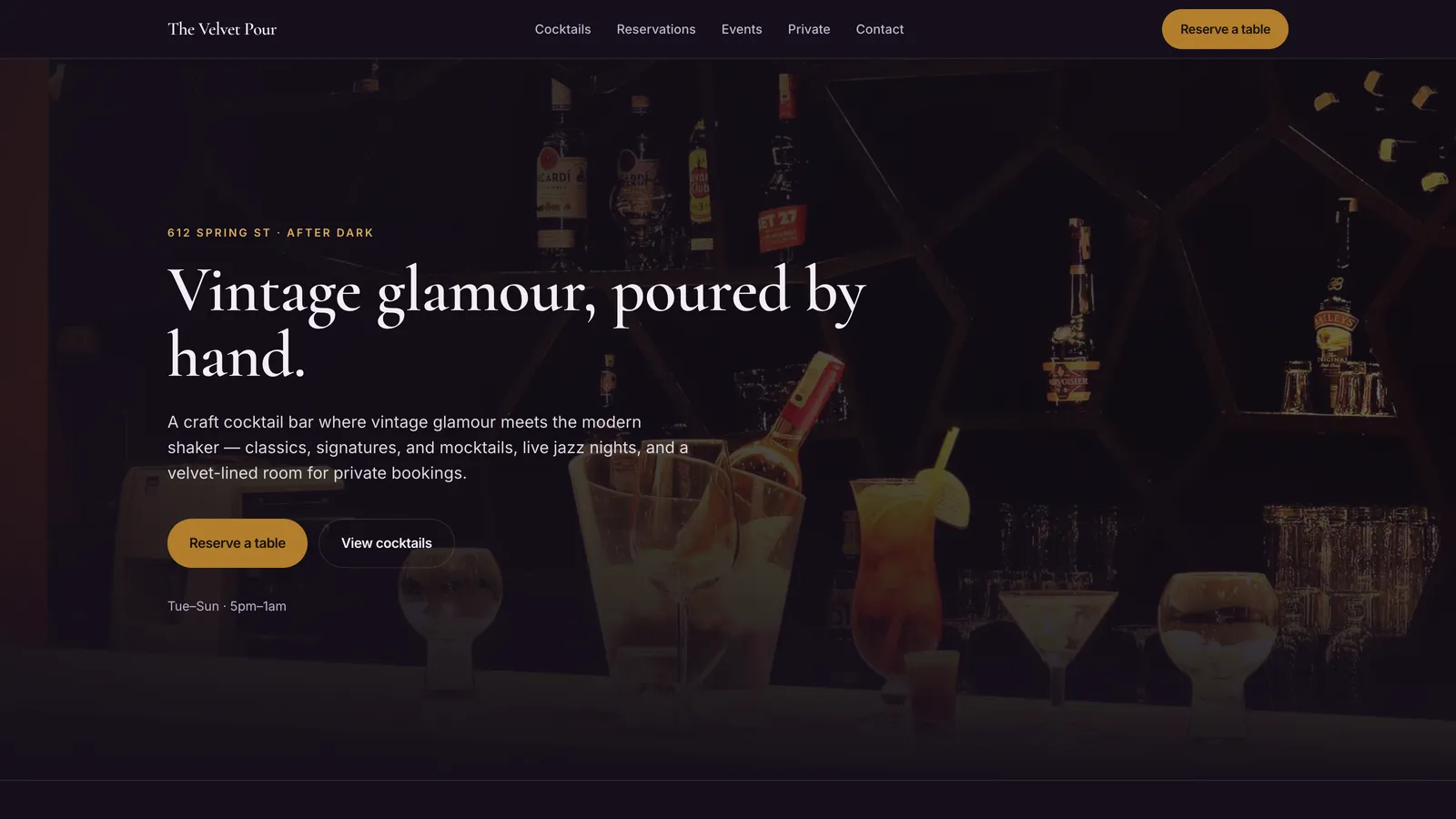 The Velvet Pour — Cocktail bar website built by Donovan Crader