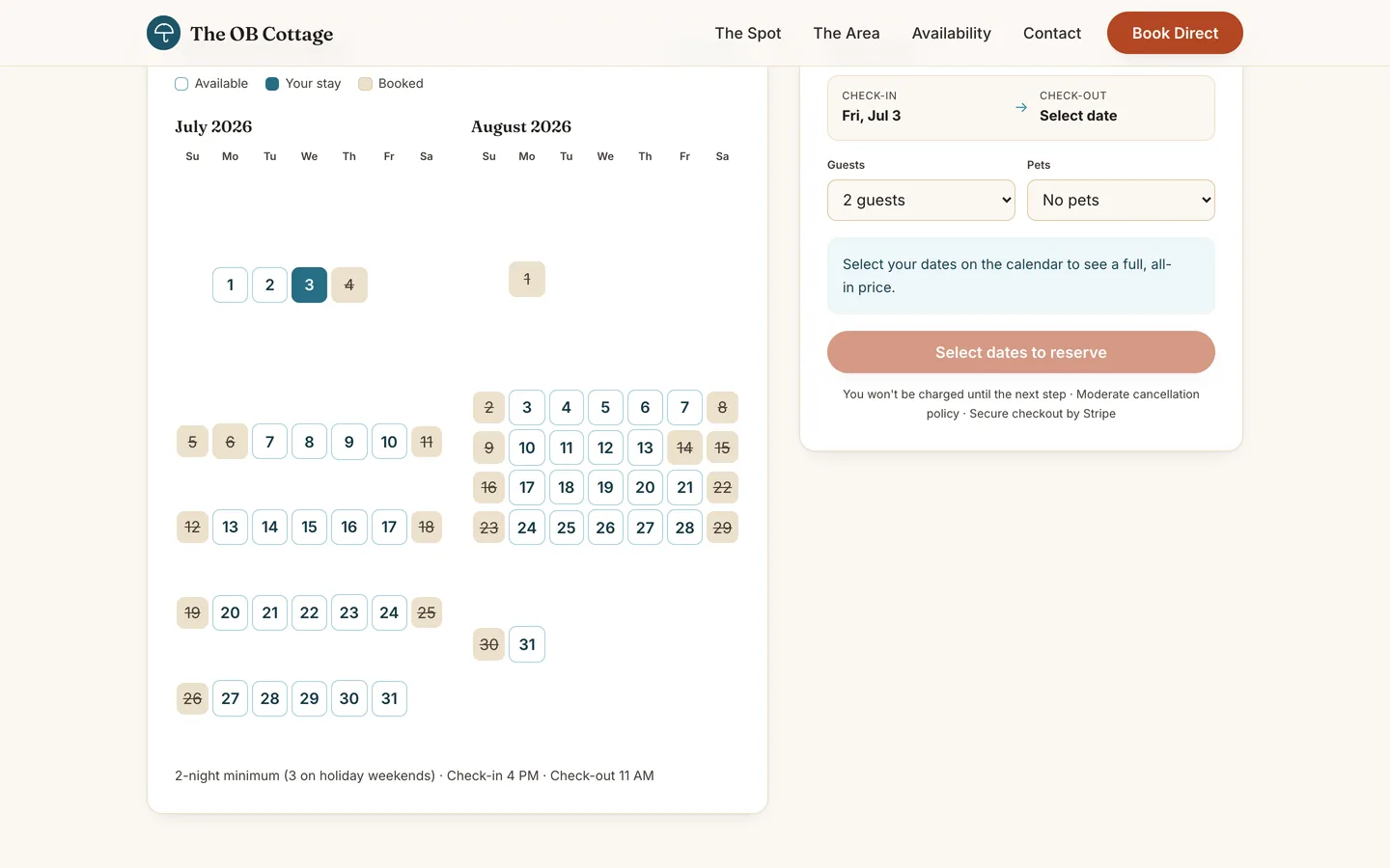 The OB Cottage booking page: a two-month availability calendar with a check-in date selected, beside a stay panel showing guests, pets, and a secure-checkout button.