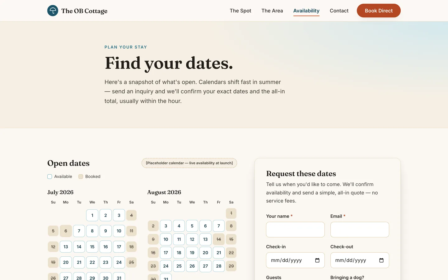 Availability page headed "Find your dates" with July and August calendars marking open and booked nights, next to a "Request these dates" inquiry form.