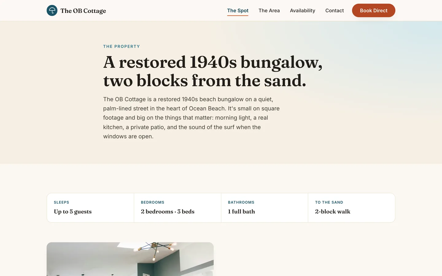 Property page headed "A restored 1940s bungalow, two blocks from the sand" with stat tiles for sleeps, bedrooms, bathrooms, and walking distance to the sand.