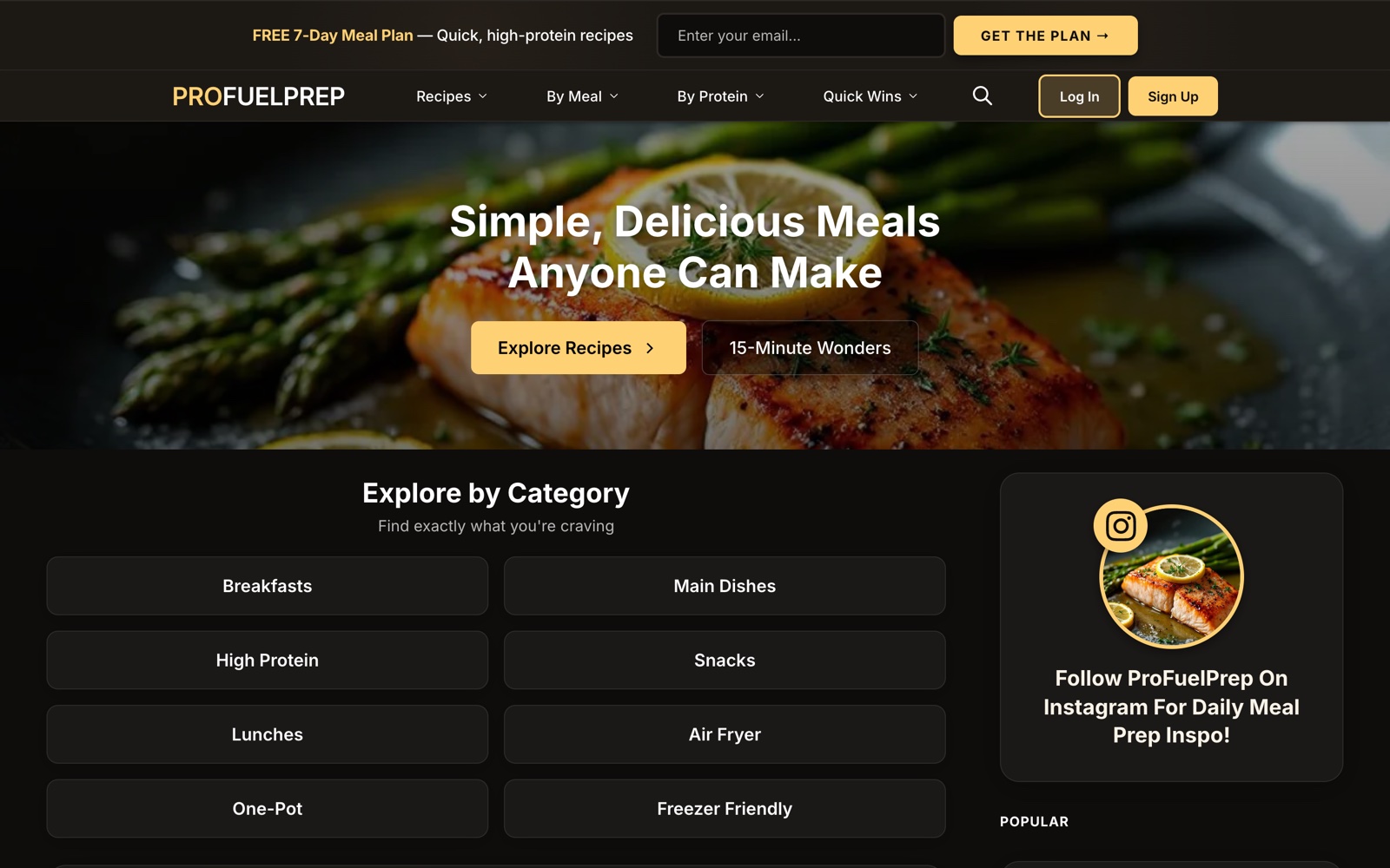 ProFuelPrep homepage with a salmon-and-asparagus hero photo, the tagline "Simple, Delicious Meals Anyone Can Make," and a category browser.