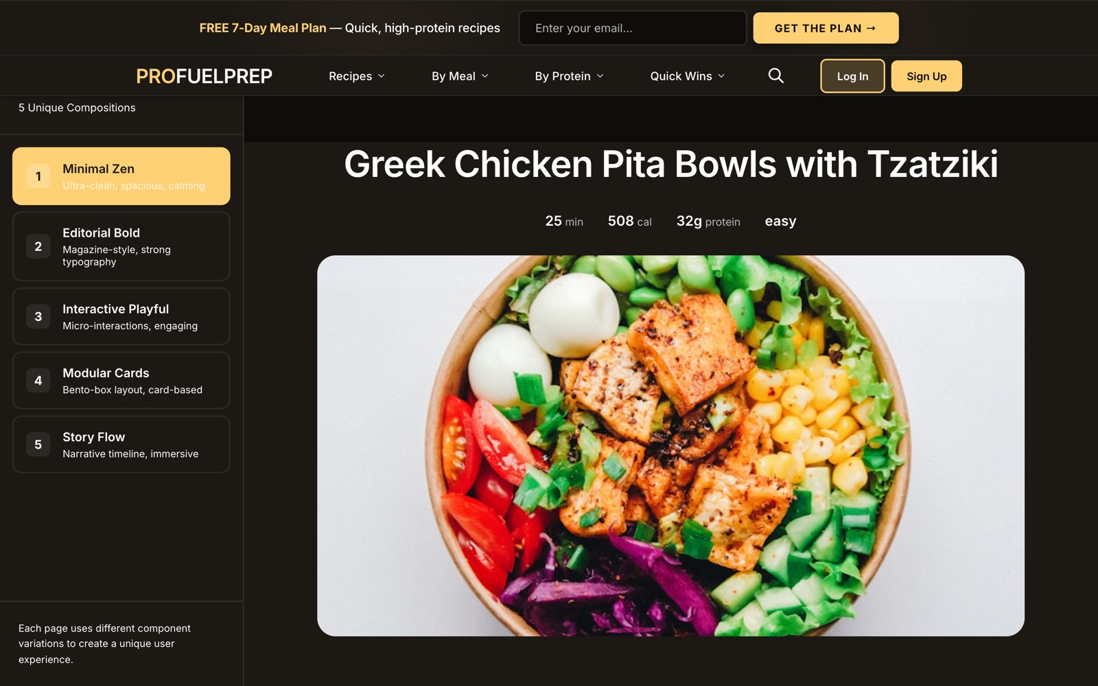 Recipe page for Greek Chicken Pita Bowls with Tzatziki showing prep time, calories, and protein at a glance.