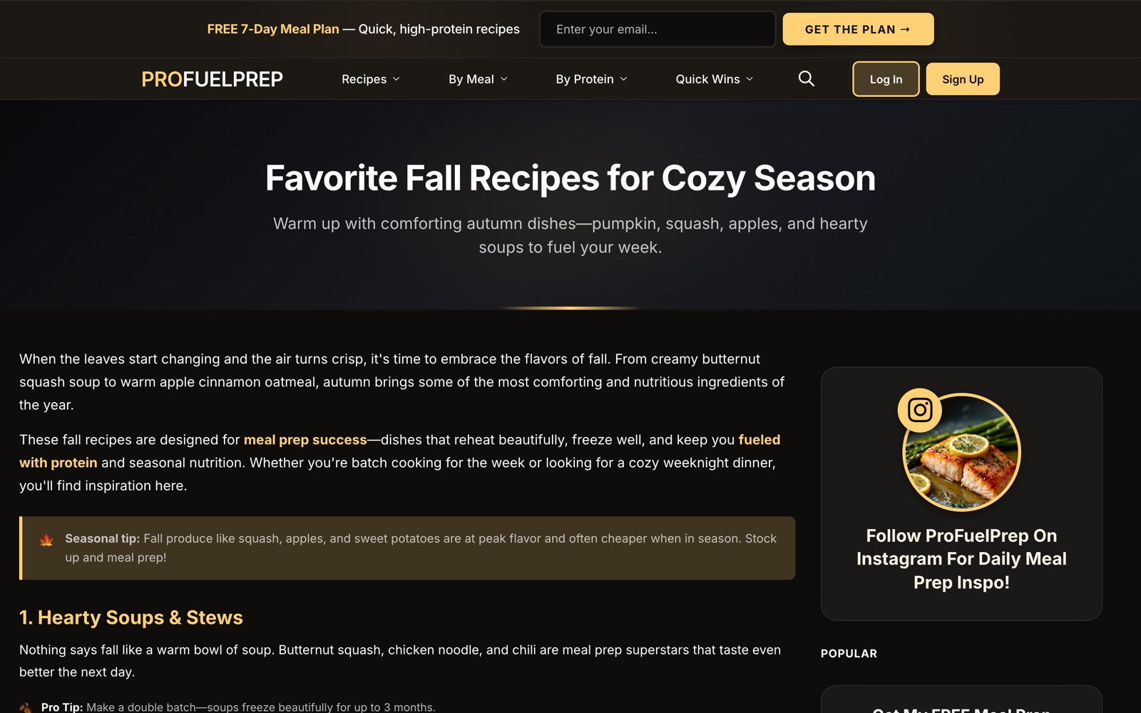 Seasonal landing page titled "Favorite Fall Recipes for Cozy Season" with a warm autumn-themed layout.