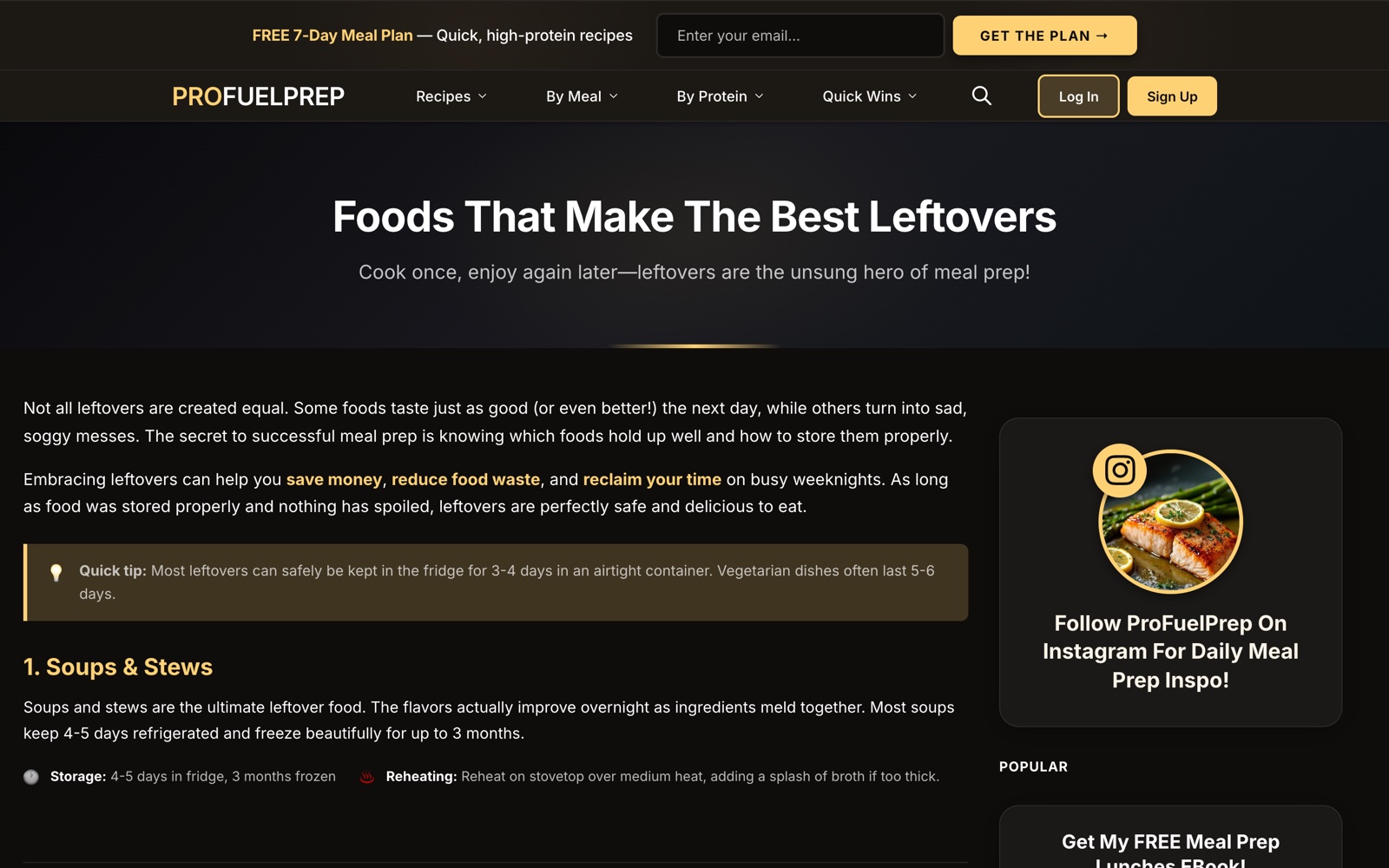 Editorial article page "Foods That Make The Best Leftovers" with long-form content and a sidebar.