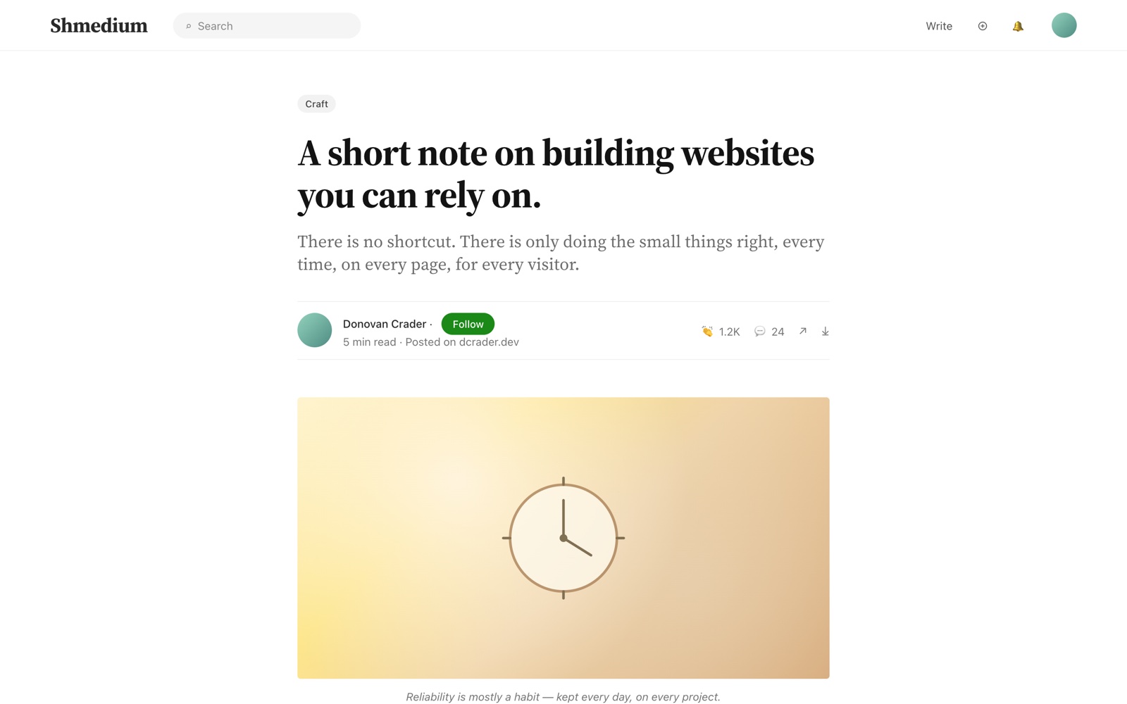 A finished article on Shmedium titled "A short note on building websites you can rely on" with elegant serif typography.