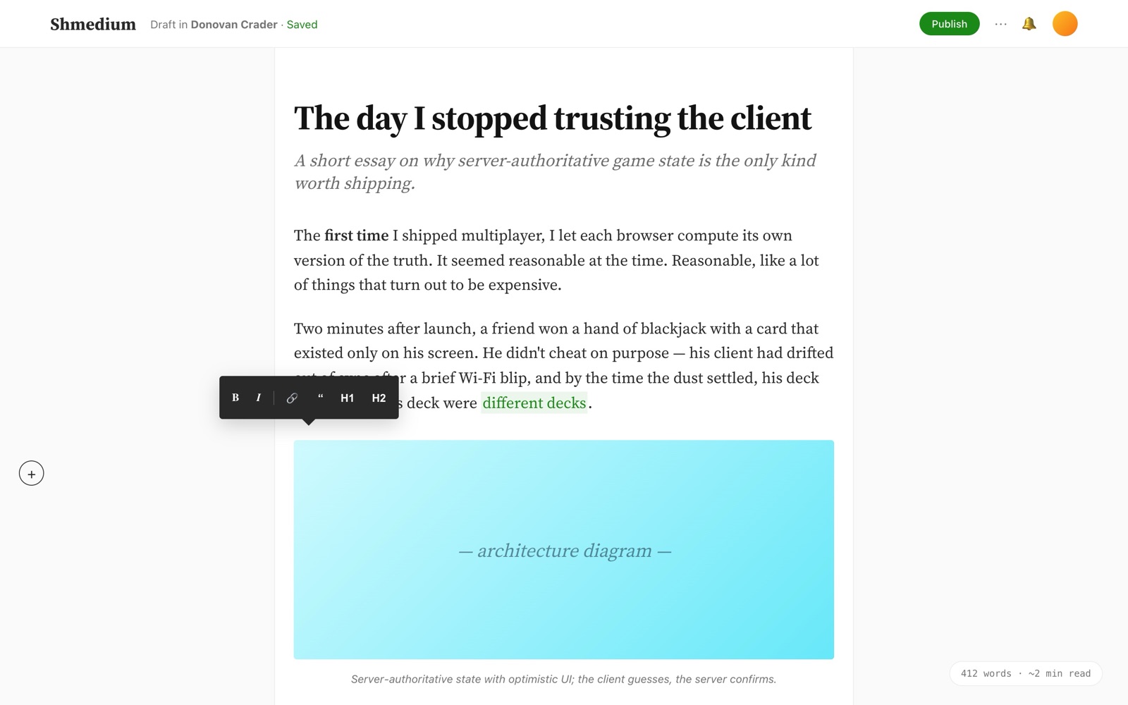 Writing a story with a clean editor and floating formatting toolbar.