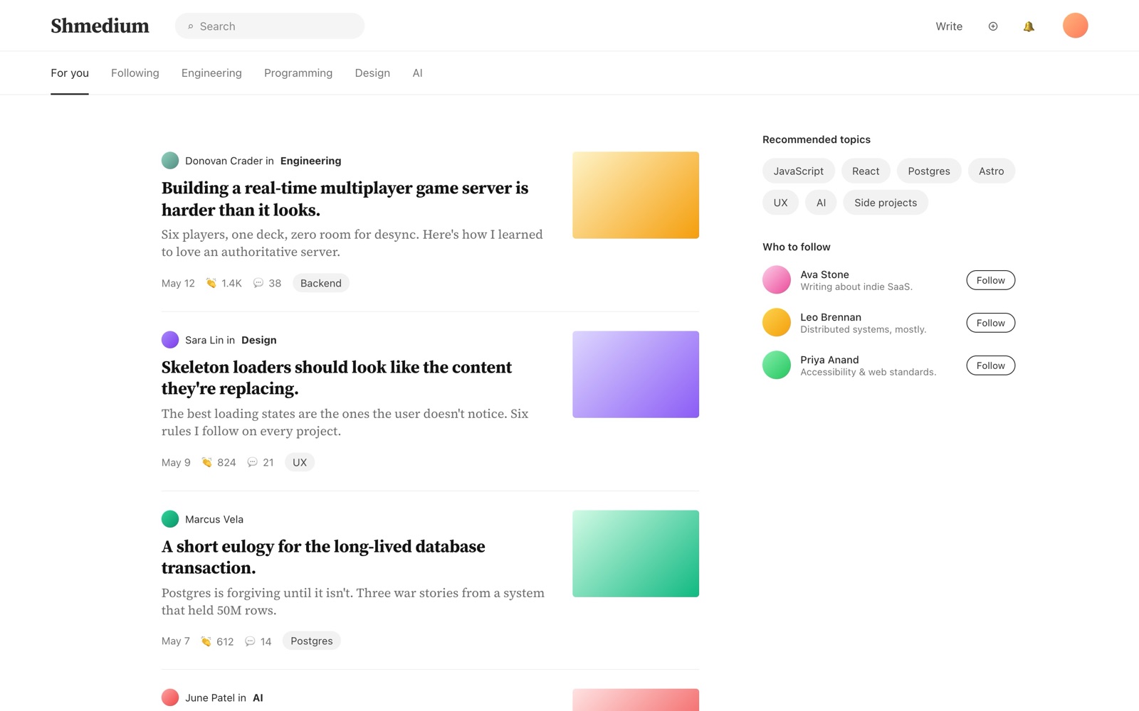 A personalized home feed with story cards and topic recommendations.