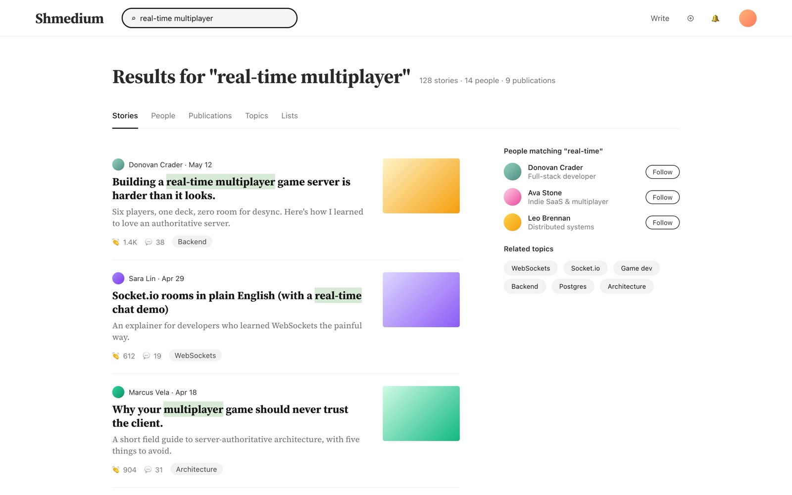 Search results across stories, writers, and topics with highlighted matches.