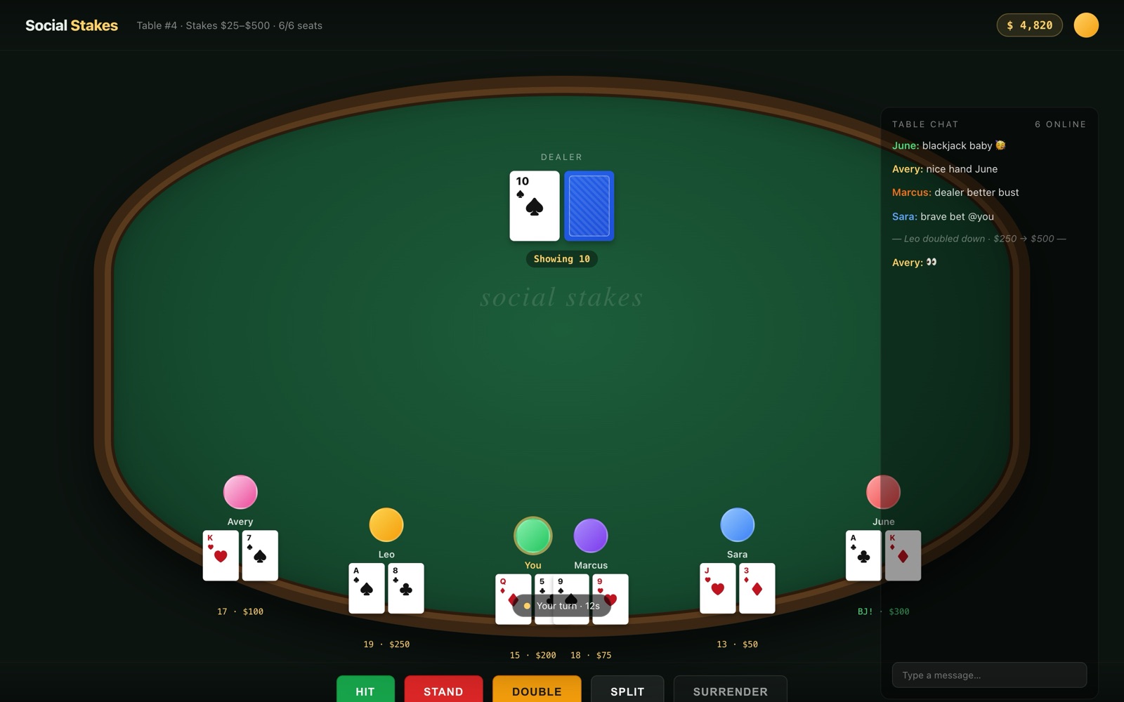 Six-player blackjack table with dealer, player hands, chip stacks, and a live chat sidebar.