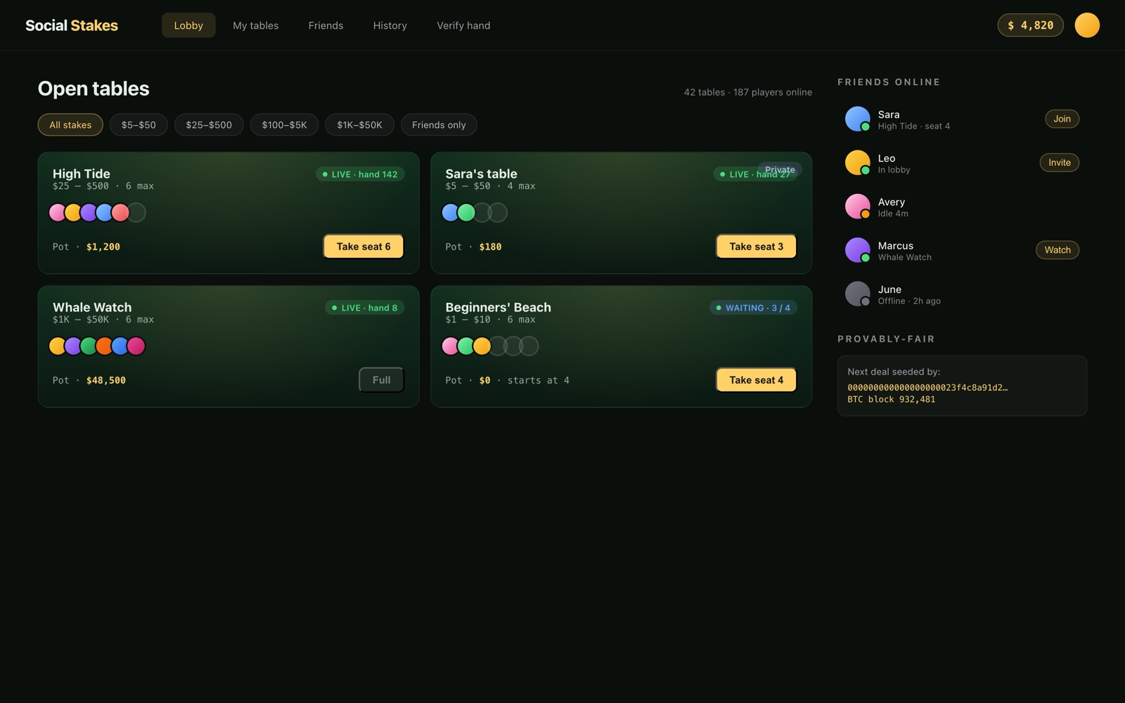 Lobby showing open and private tables with a friends-online sidebar.