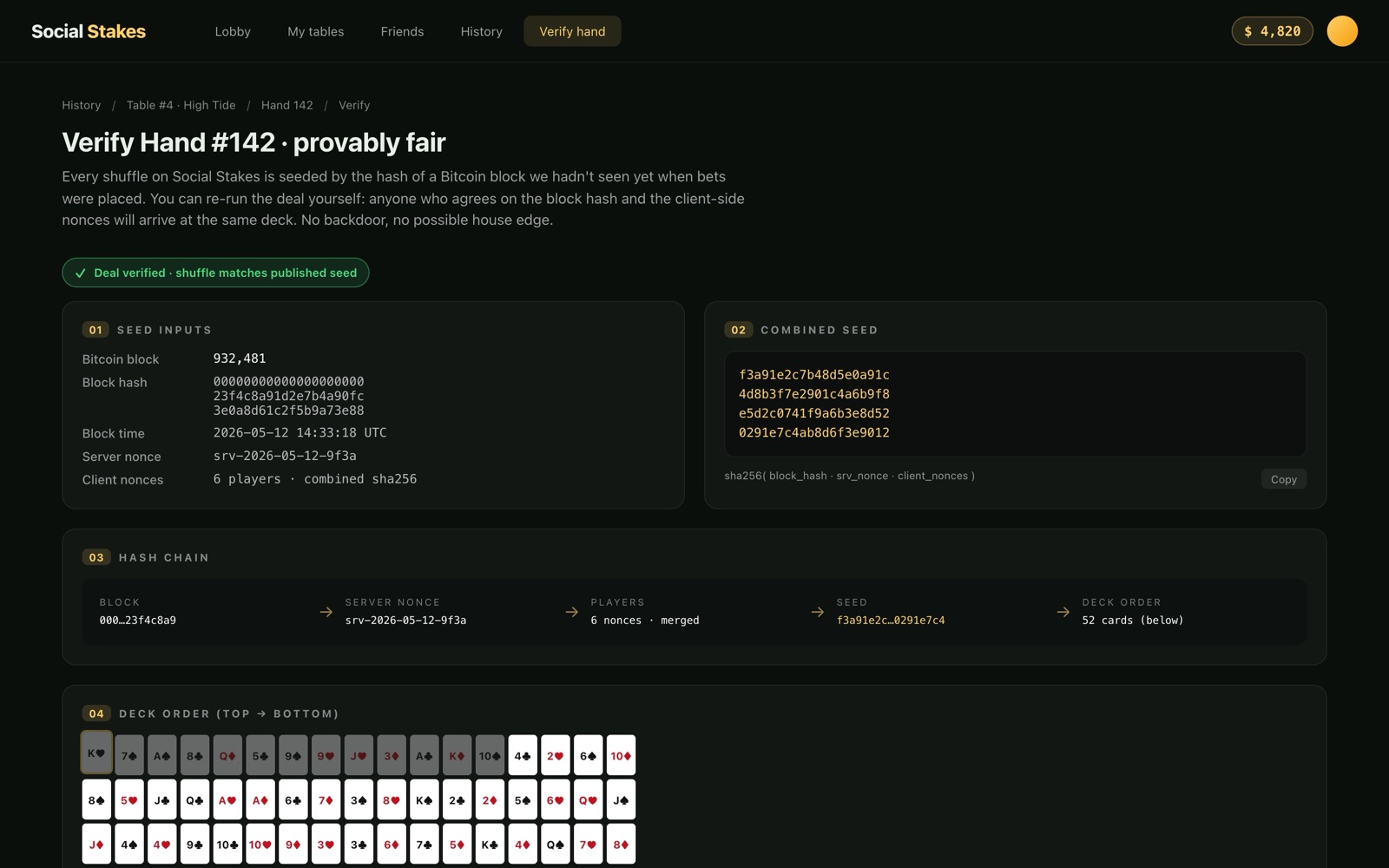 Hand-verification screen showing how each shuffle can be independently checked.