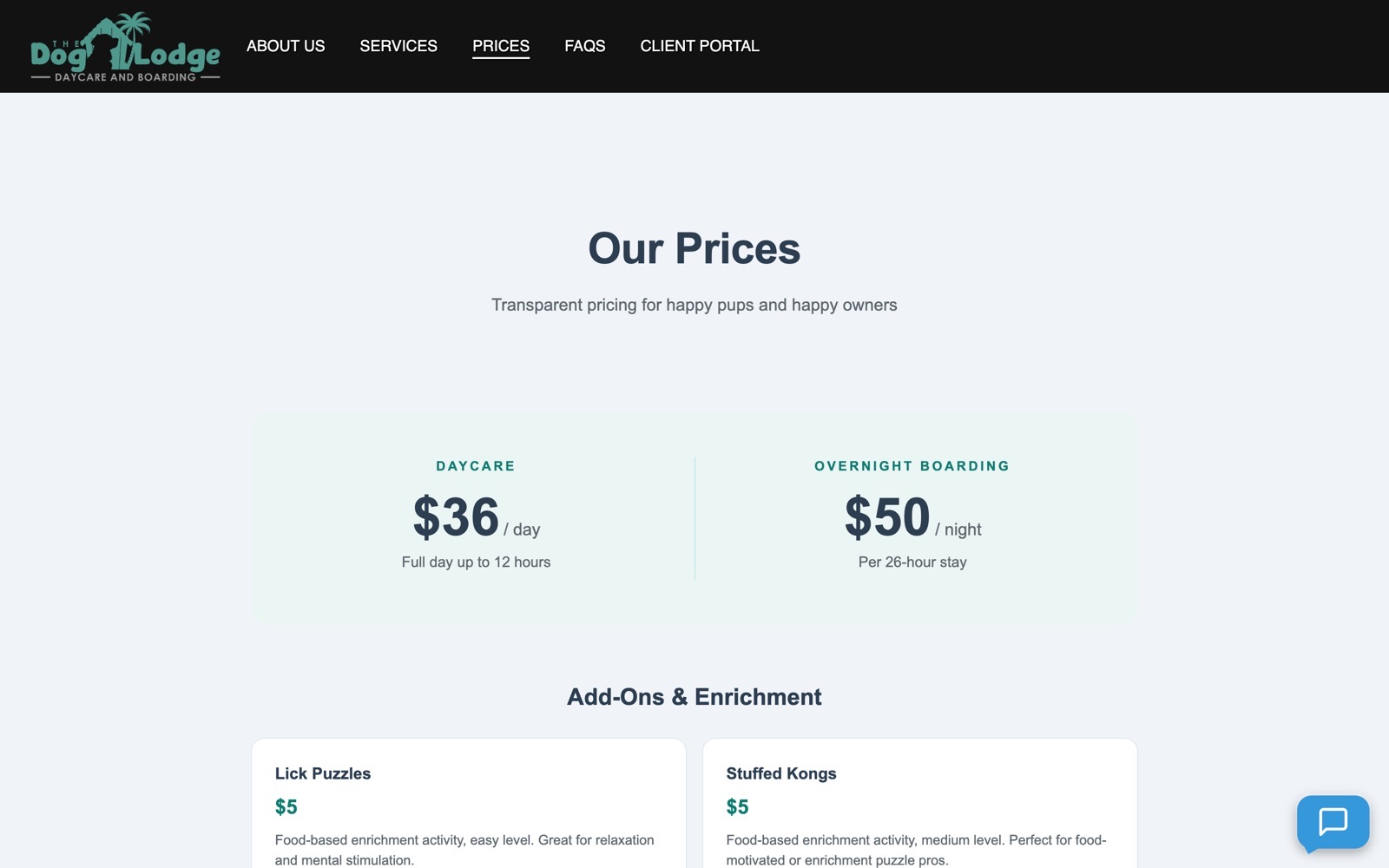 Pricing page with daycare and boarding rates.